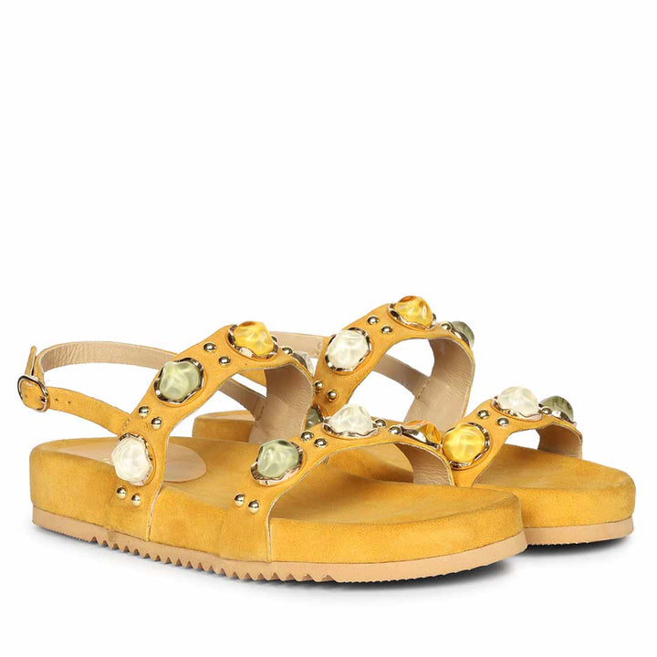 Saint Solira Multi Stone Mustard Leather Footbed Sandals