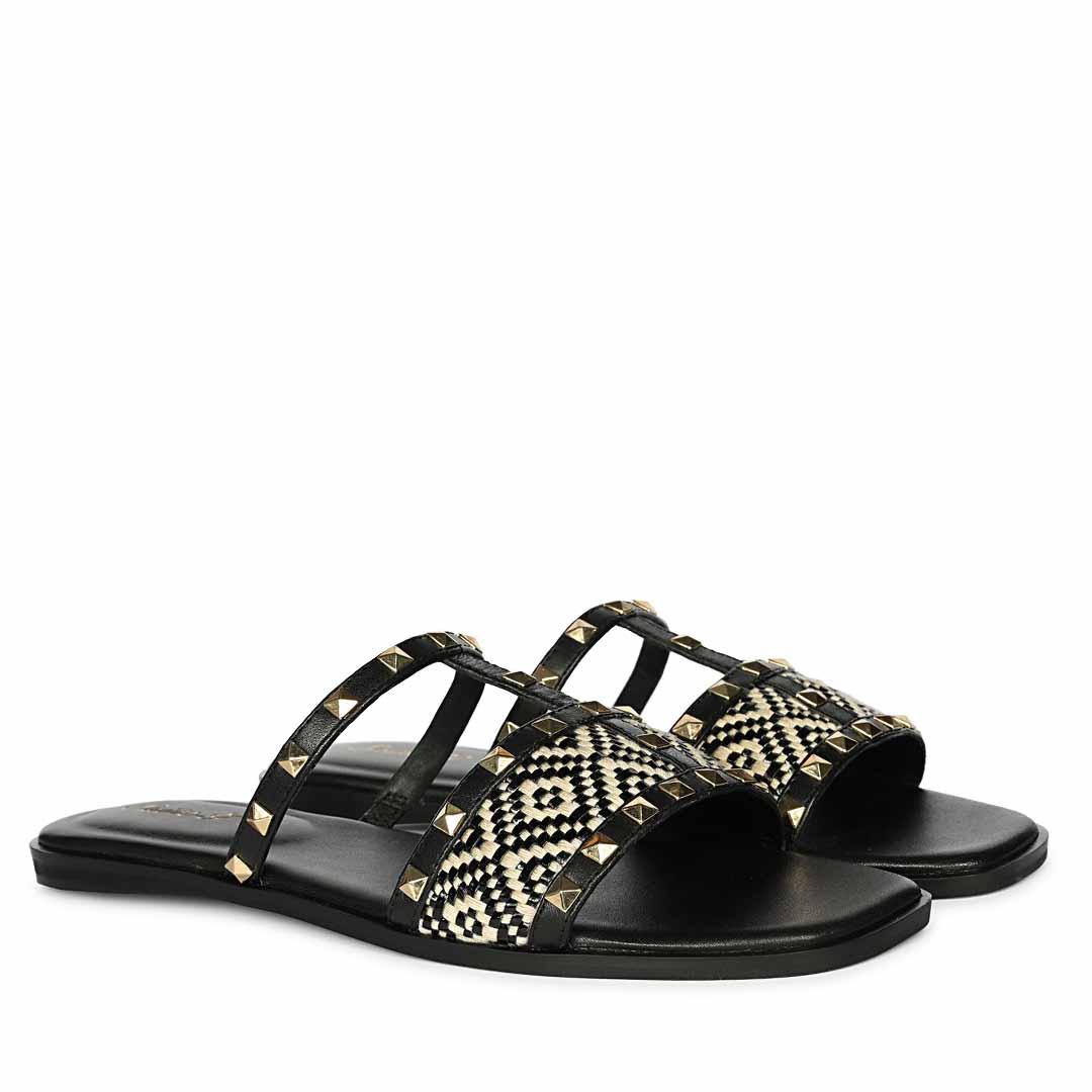 Saint Nylah Raffia & Pyramid Stud Black Leather Slide