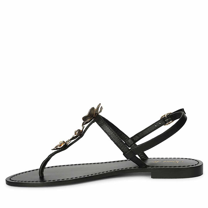 Saint Orion Flower Black Metallic Leather Sandals