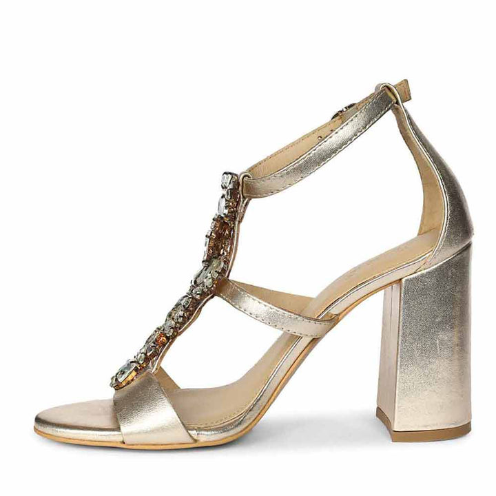Saint Colleen Silver Stone Metallic Gold Block Heels
