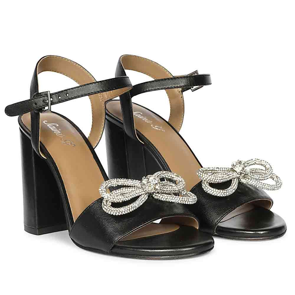 Saint Macy Silver Butterfly Jewel Black Leather Block Heels