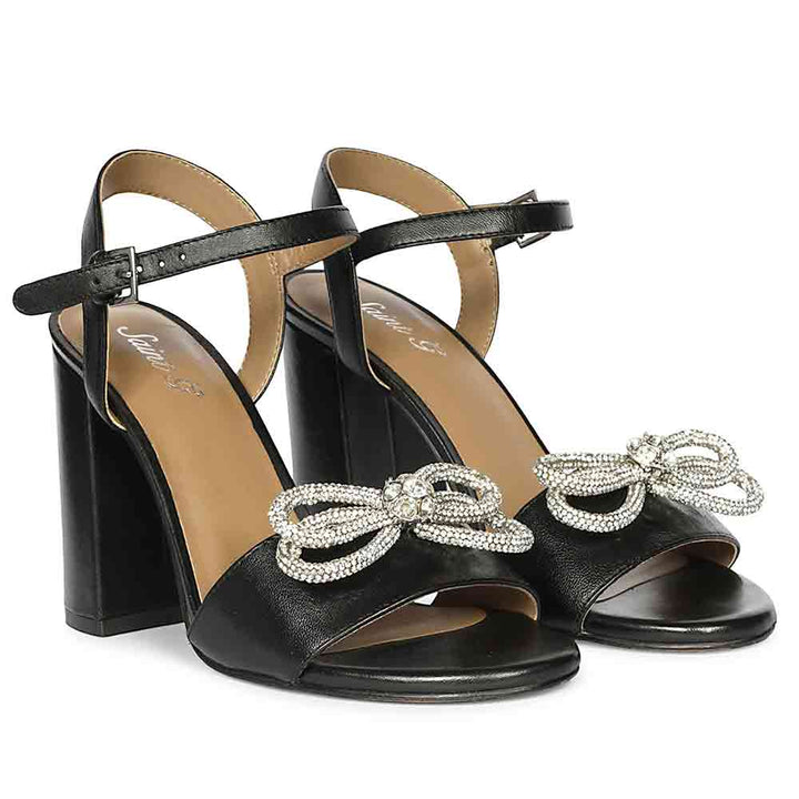 Saint Macy Silver Butterfly Jewel Black Leather Block Heels