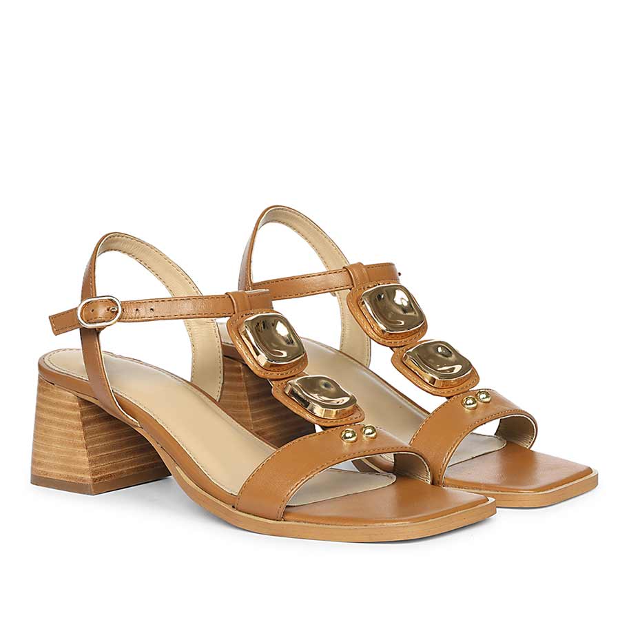 Saint Zoriel Gold Trim Tan Leather Block Heels
