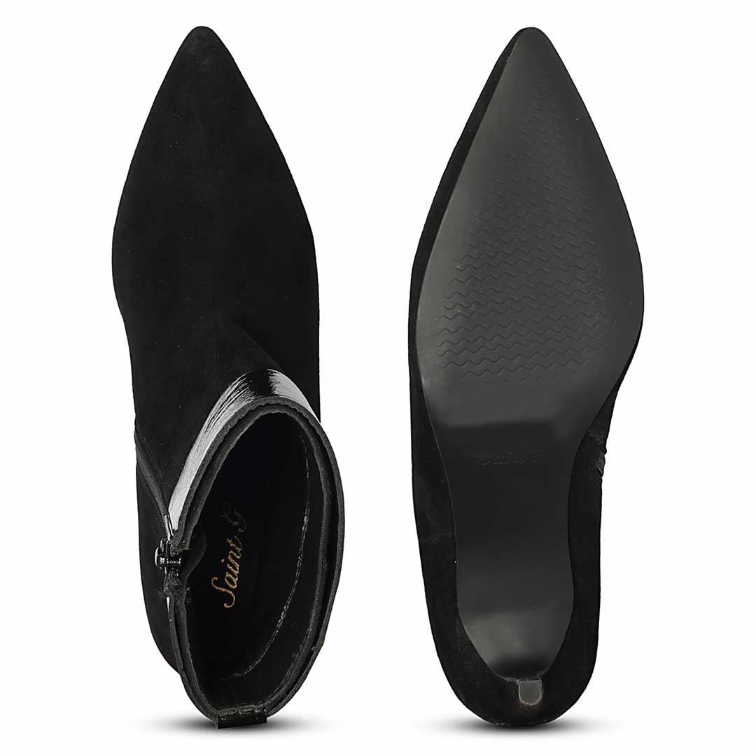 Saint Isabeau Gold Buckle Black Suede Stiletto Ankle Boots