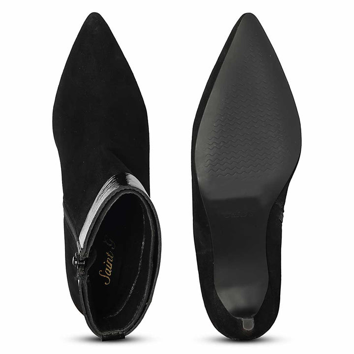 Saint Isabeau Gold Buckle Black Suede Stiletto Ankle Boots