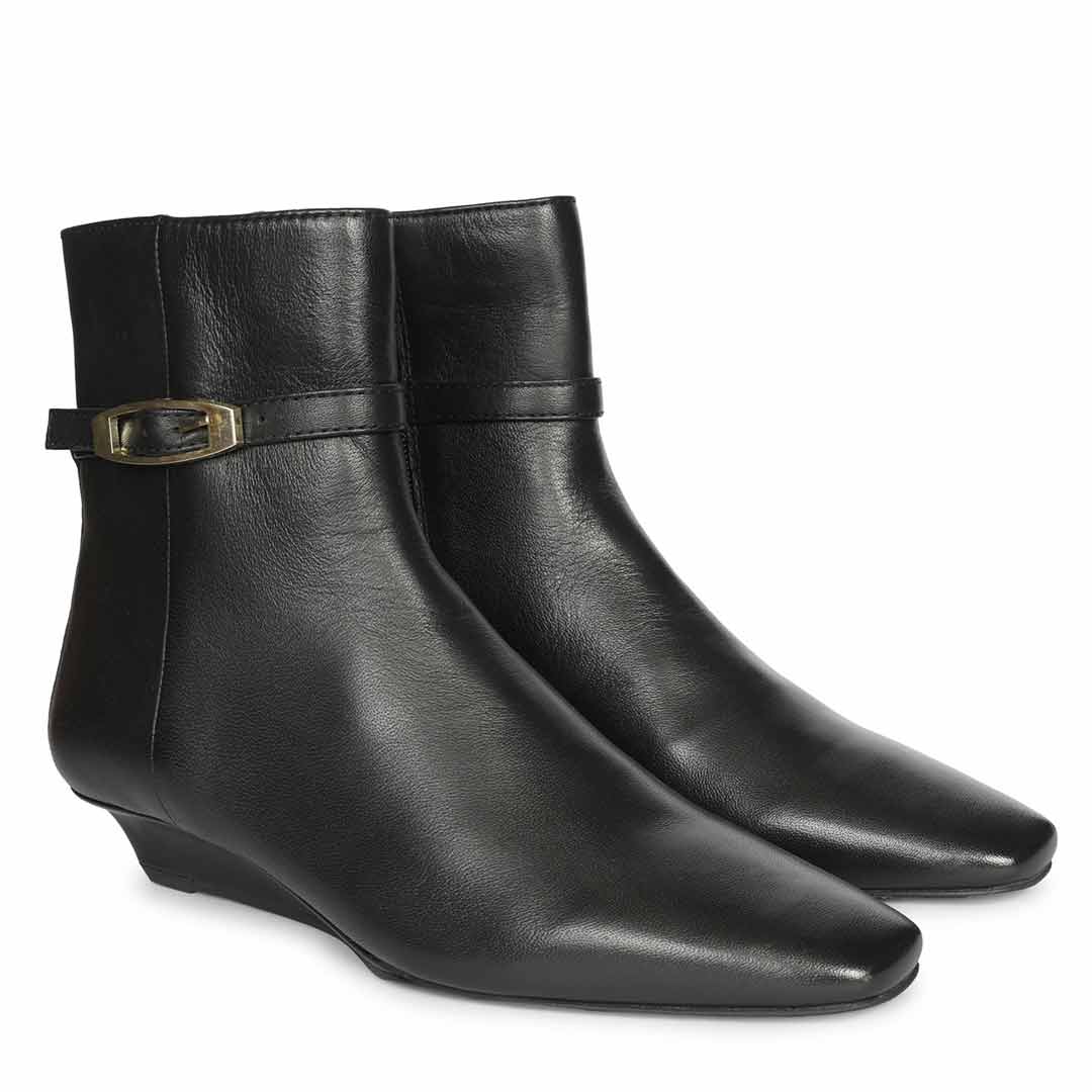 Saint Jimena Black Leather Buckle Low Wedge Ankle Boots