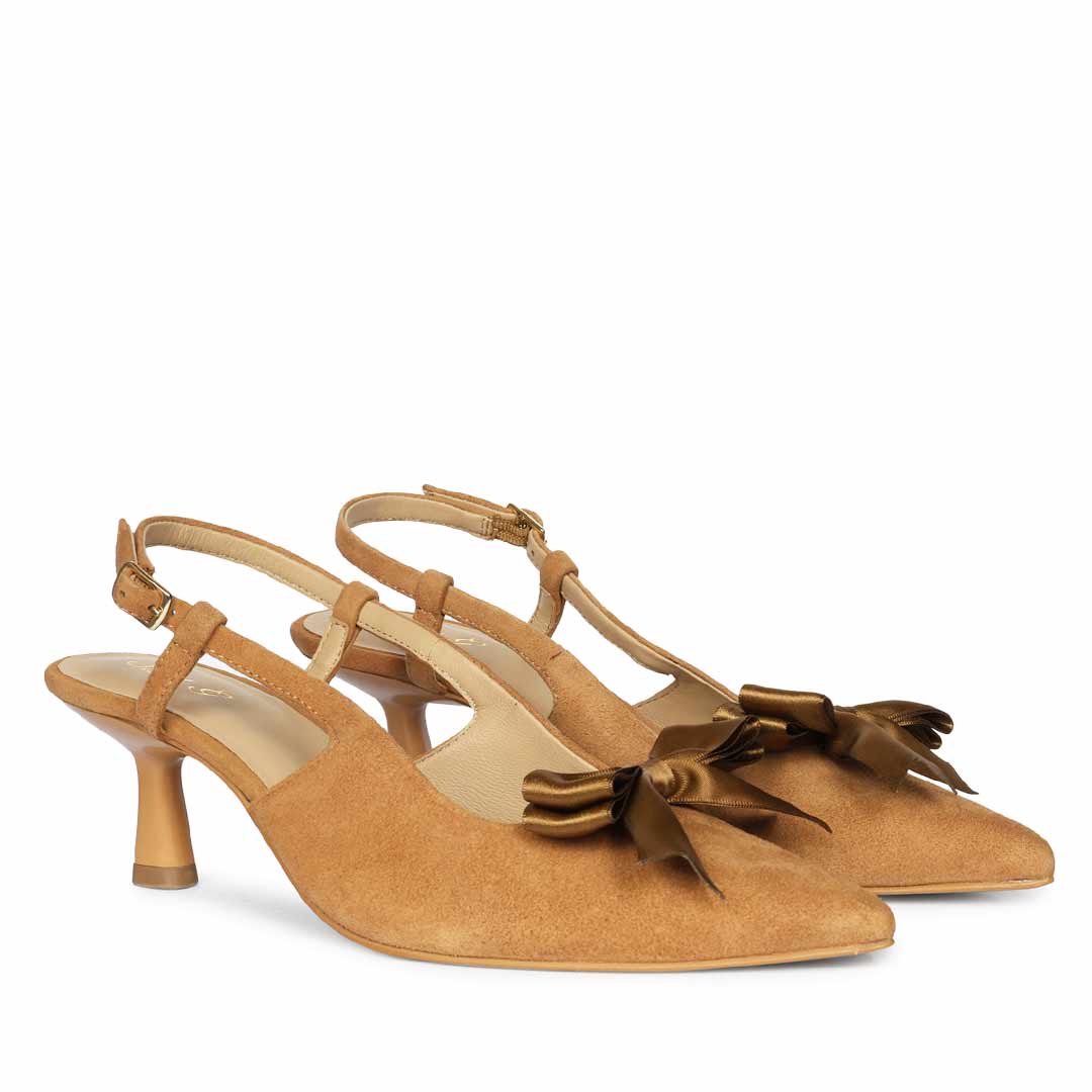 Saint Toria Bow Tan Leather Sling Back Pumps