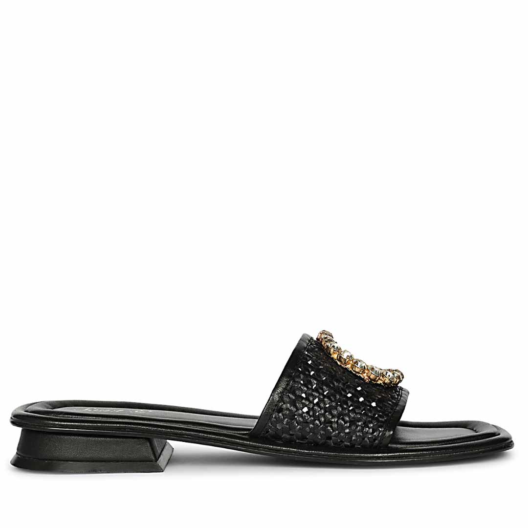 Saint Carly Black Woven Leather Crystal Buckle Slide