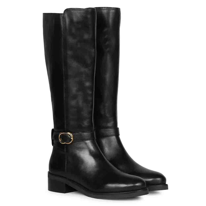 Saint Abella Buckle Decorative Black Leather Long Boots