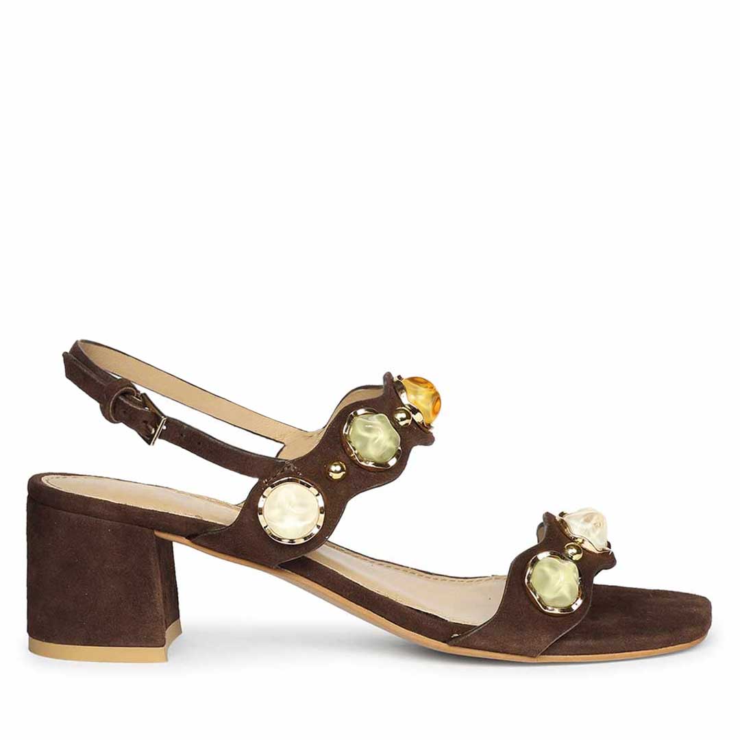 Saint Solira Multi-Stone Brown Suede Leather Block Heels