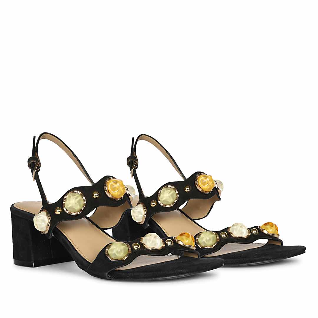 Saint Solira Multi-Stone Black Suede Leather Block Heels