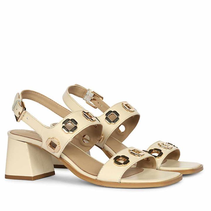 Saint Alviera Gold Flower Eyelets Leather Block Heels