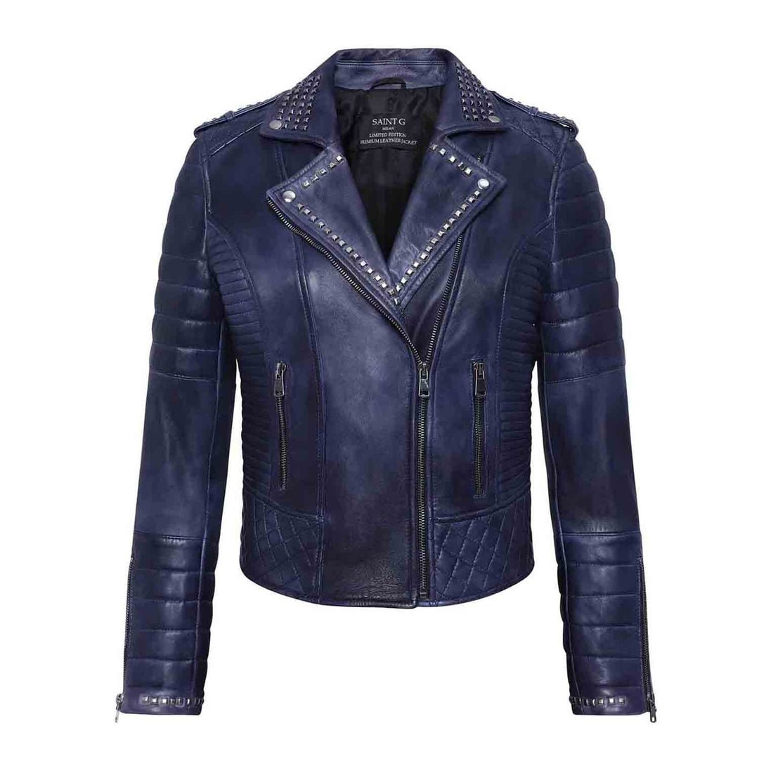 Blue Leather Biker Jacket by Saint Brielle - Elevate your style with this trendy fashion essential