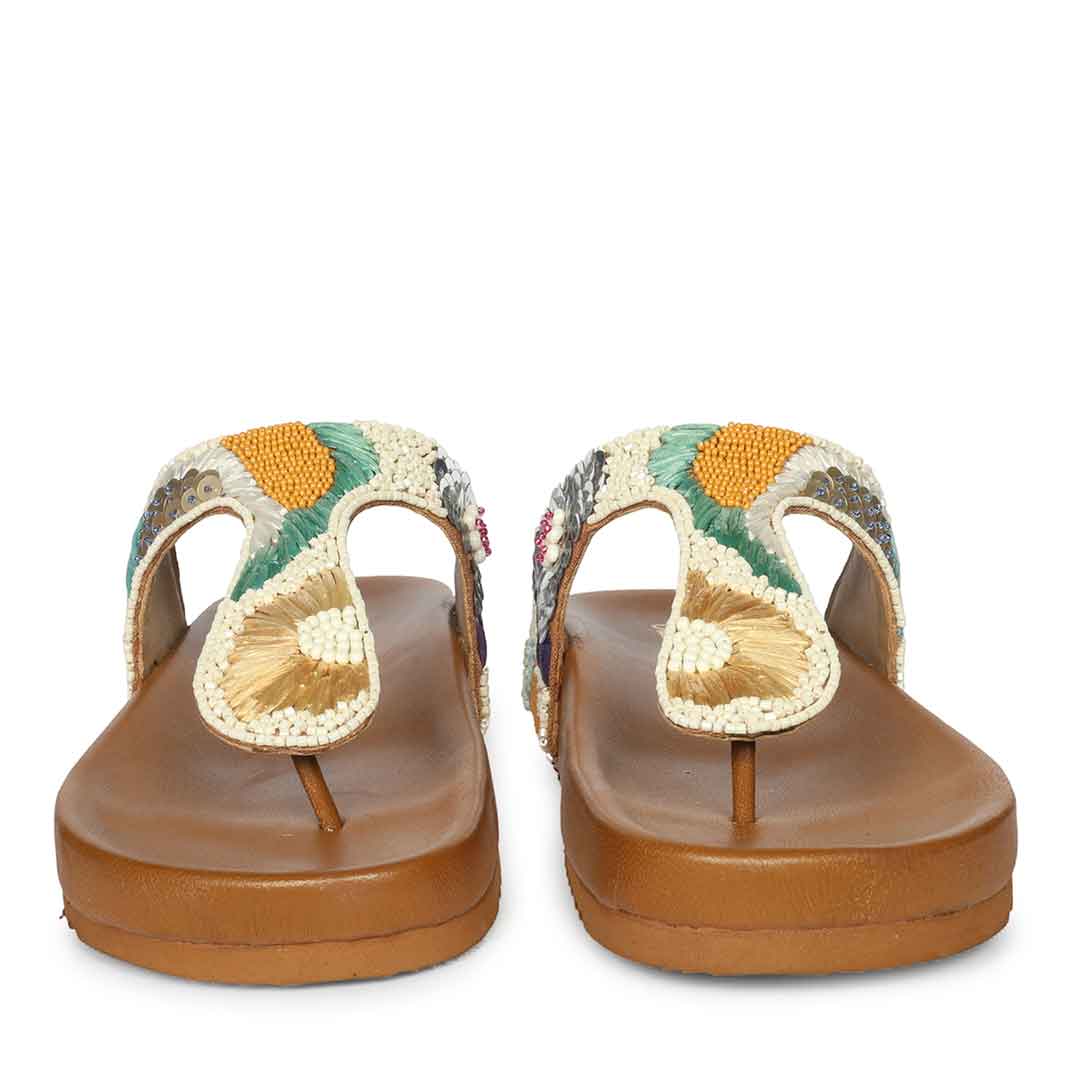 Saint Zaria Embroidered Tan Leather Thong Footbed