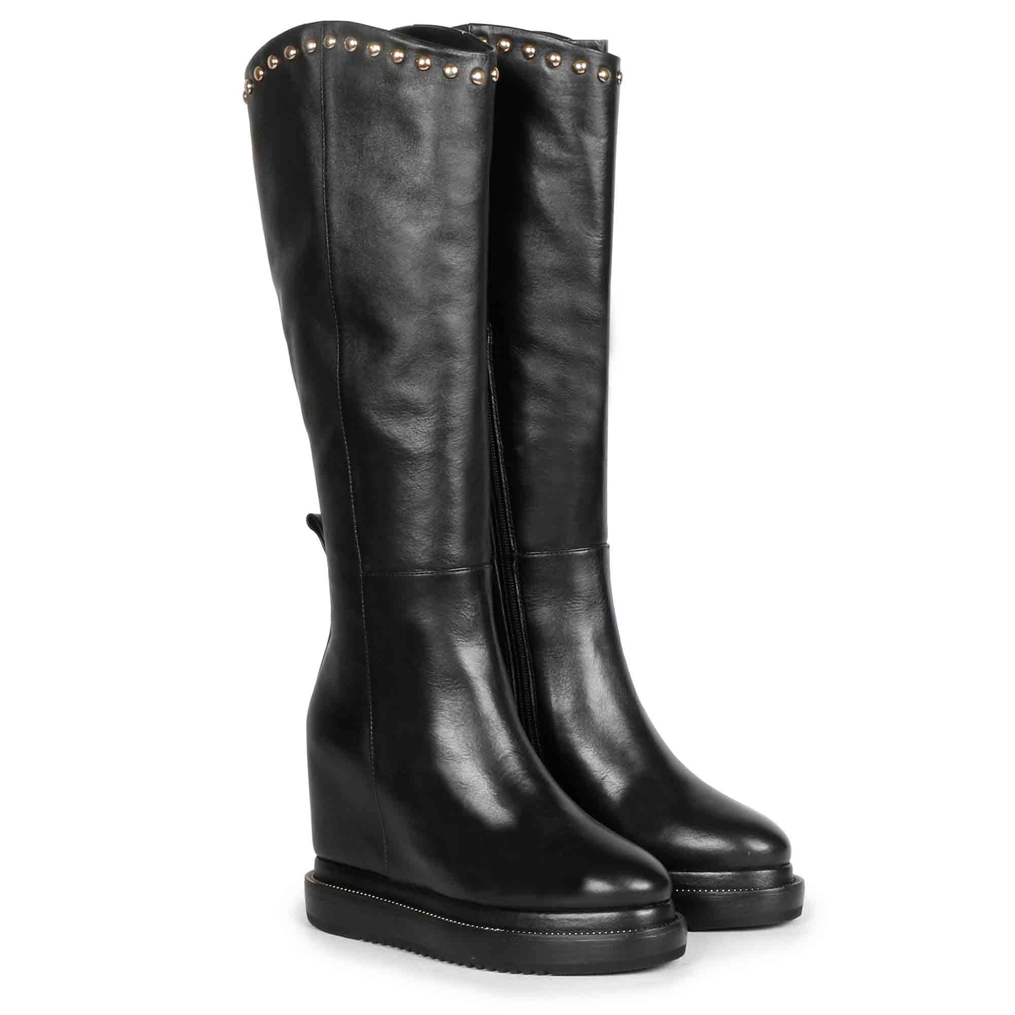 SAINT ADELMO Studded Black Leather Winter Boots | Stylish Suede