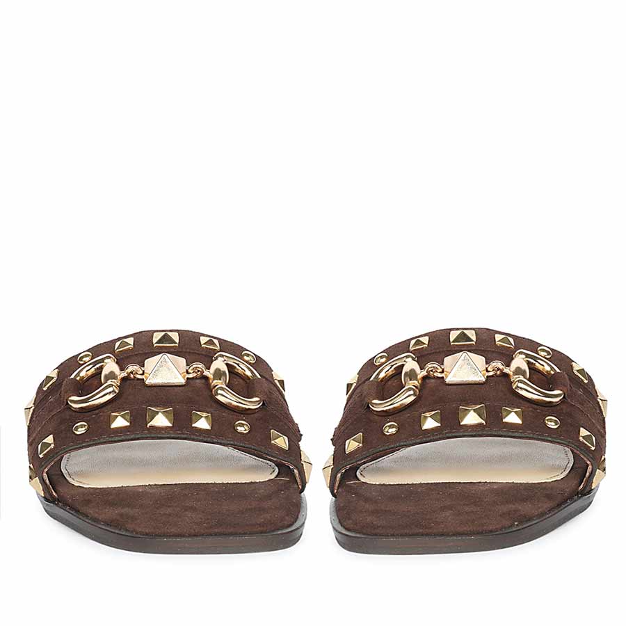 Brown leather slide sandals women