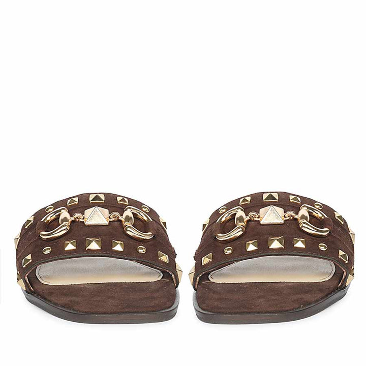 Brown leather slide sandals women