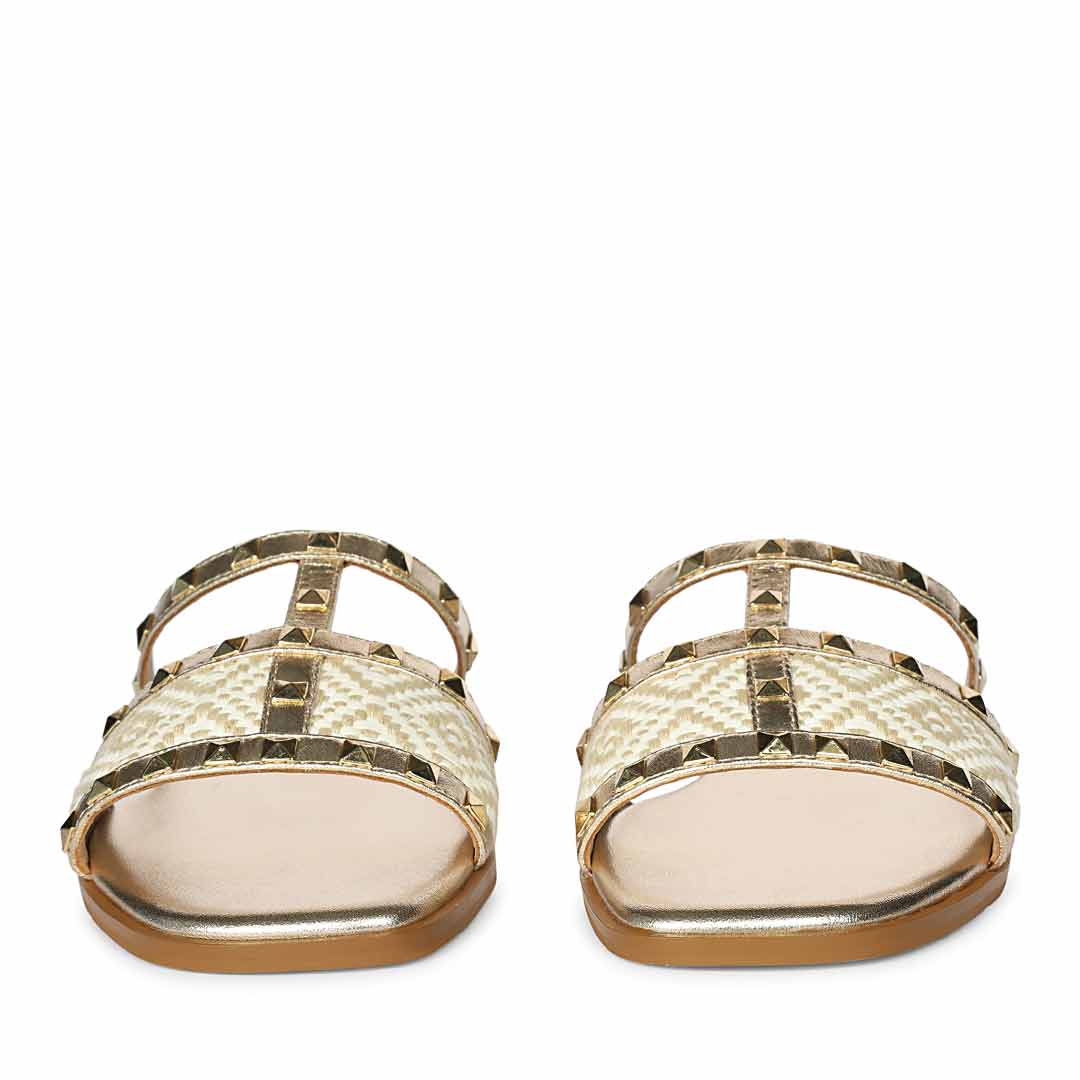 Saint Nylah Raffia & Pyramid Stud Metallic Gold Leather Slide
