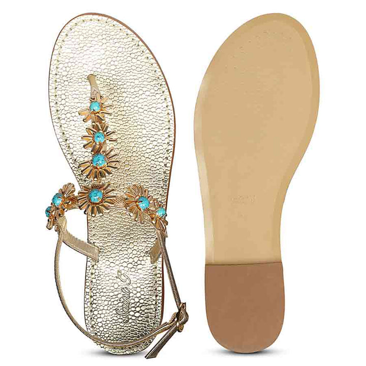 Saint Freesia Turquoise Flower Gold Leather Sandals