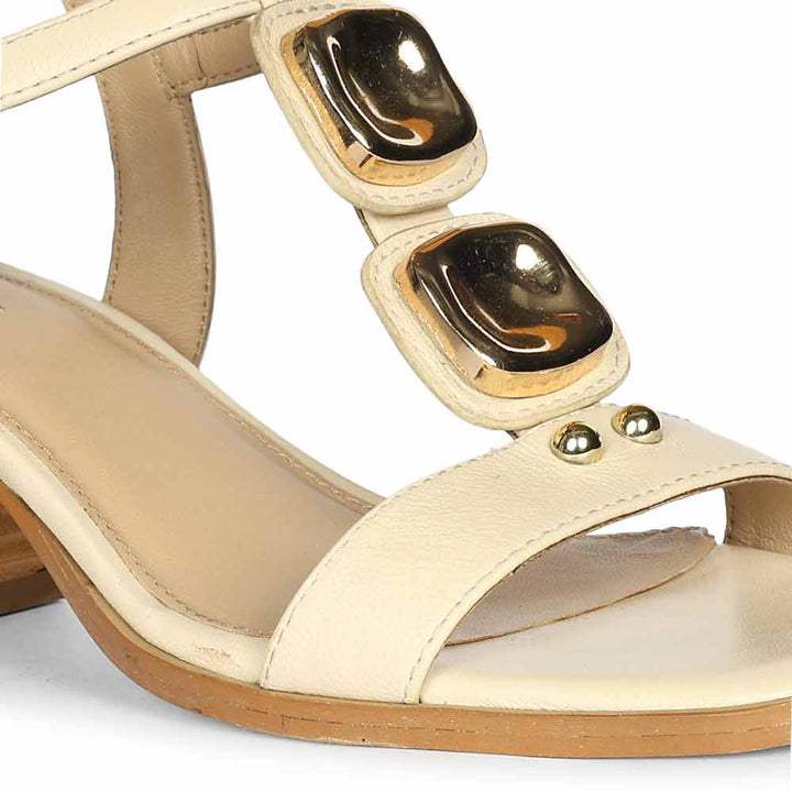 Saint Zoriel Gold Trim Off White Leather Block Heels