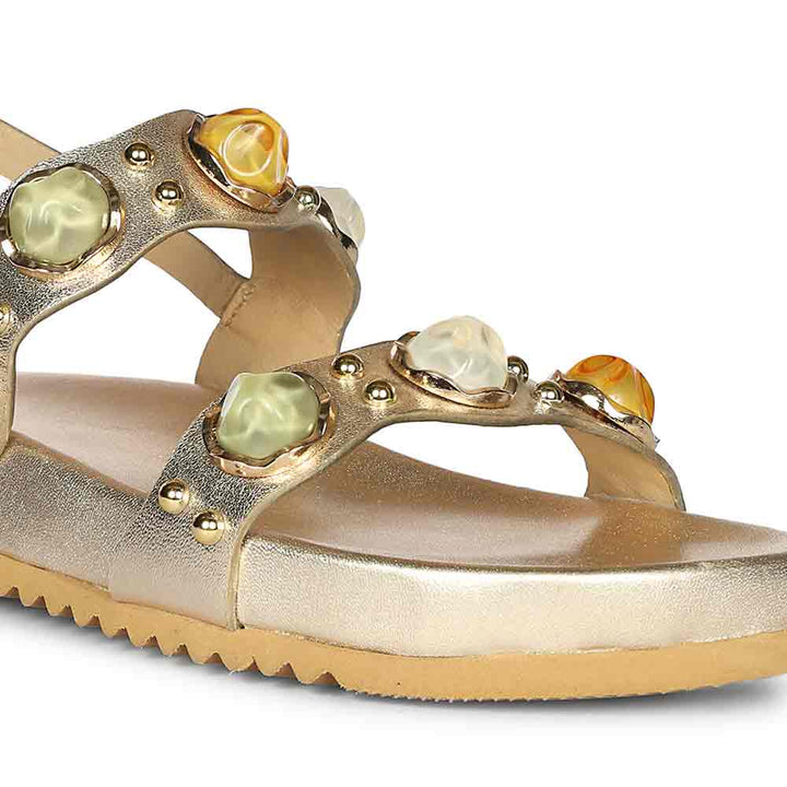 Saint Solira Multi Stone Metallic Gold Leather Footbed Sandals