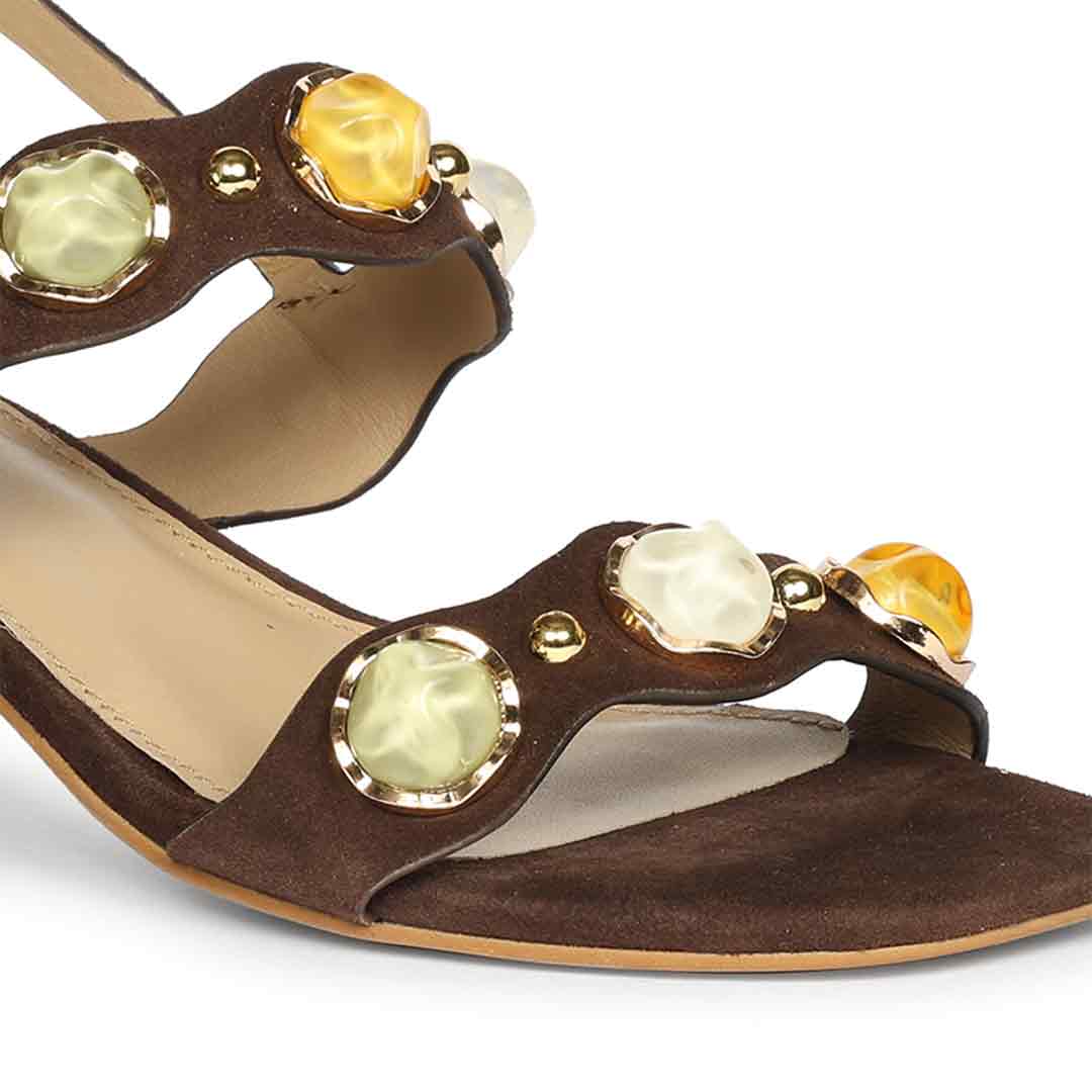 Saint Solira Multi-Stone Brown Suede Leather Block Heels