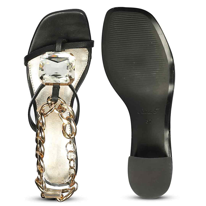 Saint Gaelle Black Leather Crystal Chain Block Heels