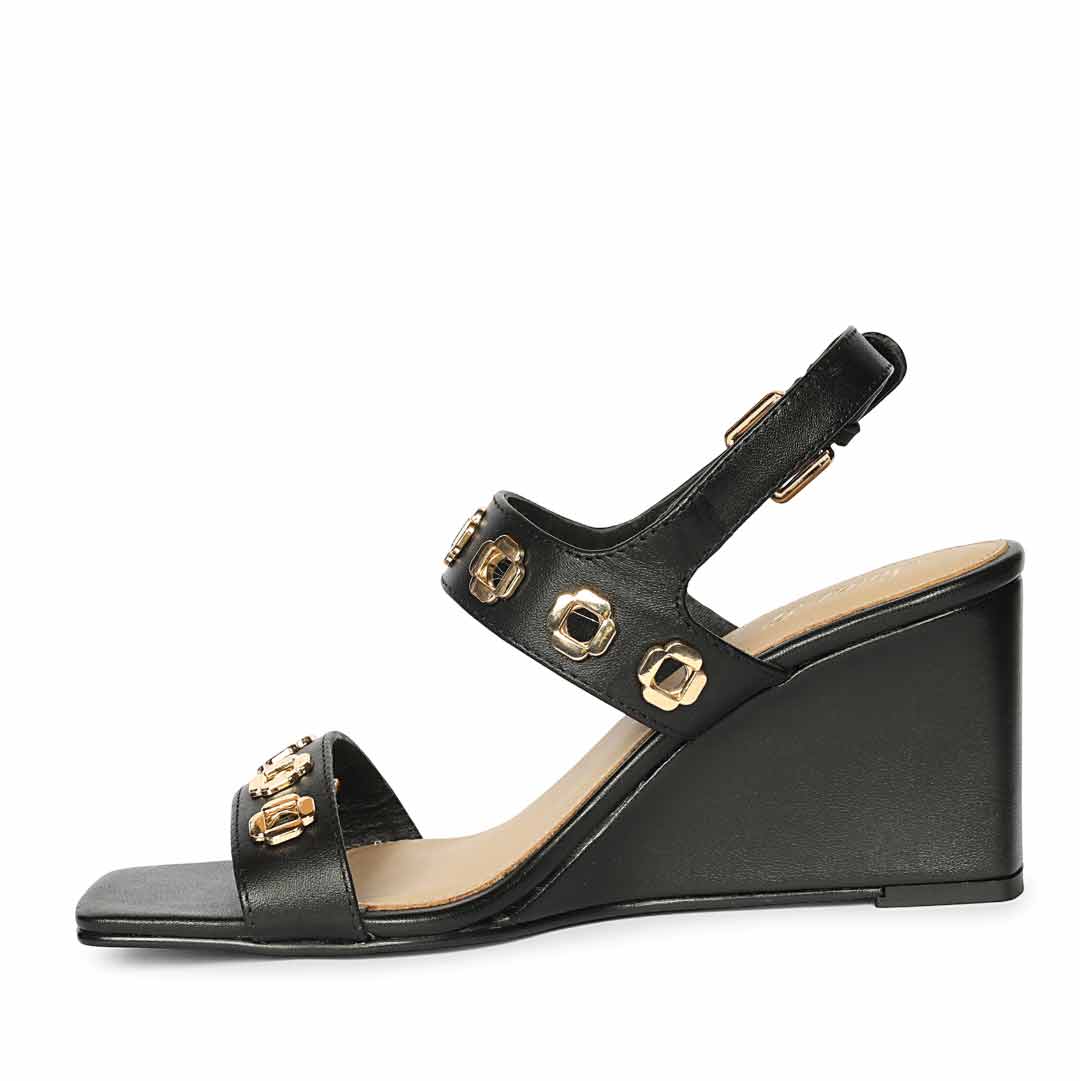 Saint Julien Flower Eyelets Black Leather Wedge Heels