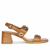 Saint Alviera Gold Flower Eyelets Tan Leather Block Heels