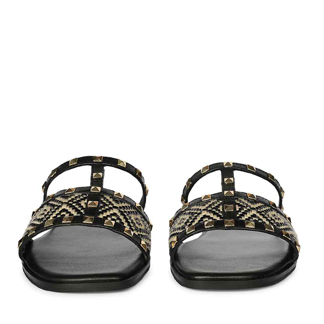 Saint Nylah Raffia & Pyramid Stud Black Leather Slide
