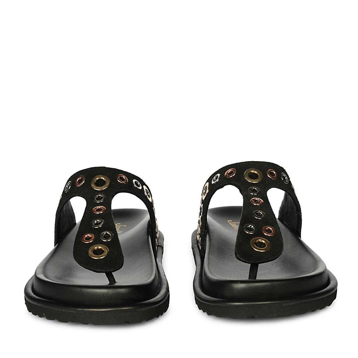 Saint Raelyn Eyelet Black Leather Footbed Sandals