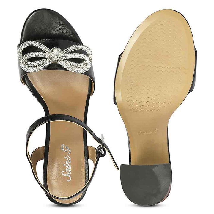 Saint Macy Silver Butterfly Jewel Black Leather Block Heels