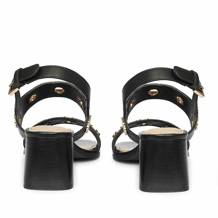 Saint Alviera Gold Flower Eyelets Black Leather Block Heels