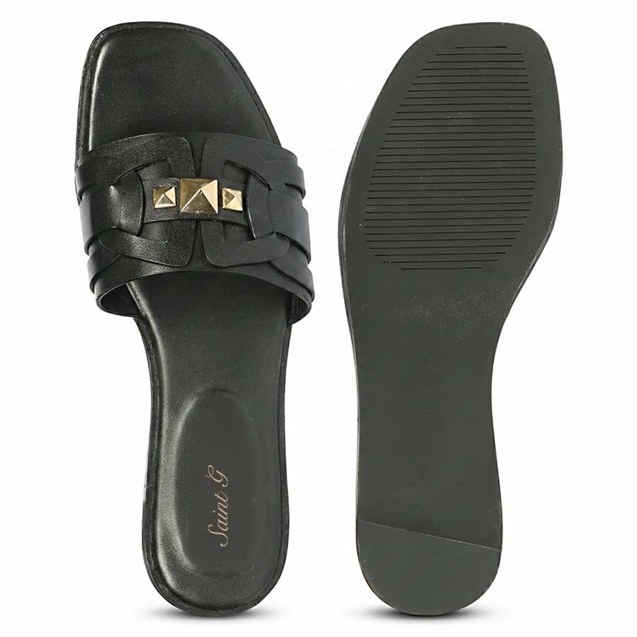 Saint Tyla Black Leather Pyramid Stud Slides