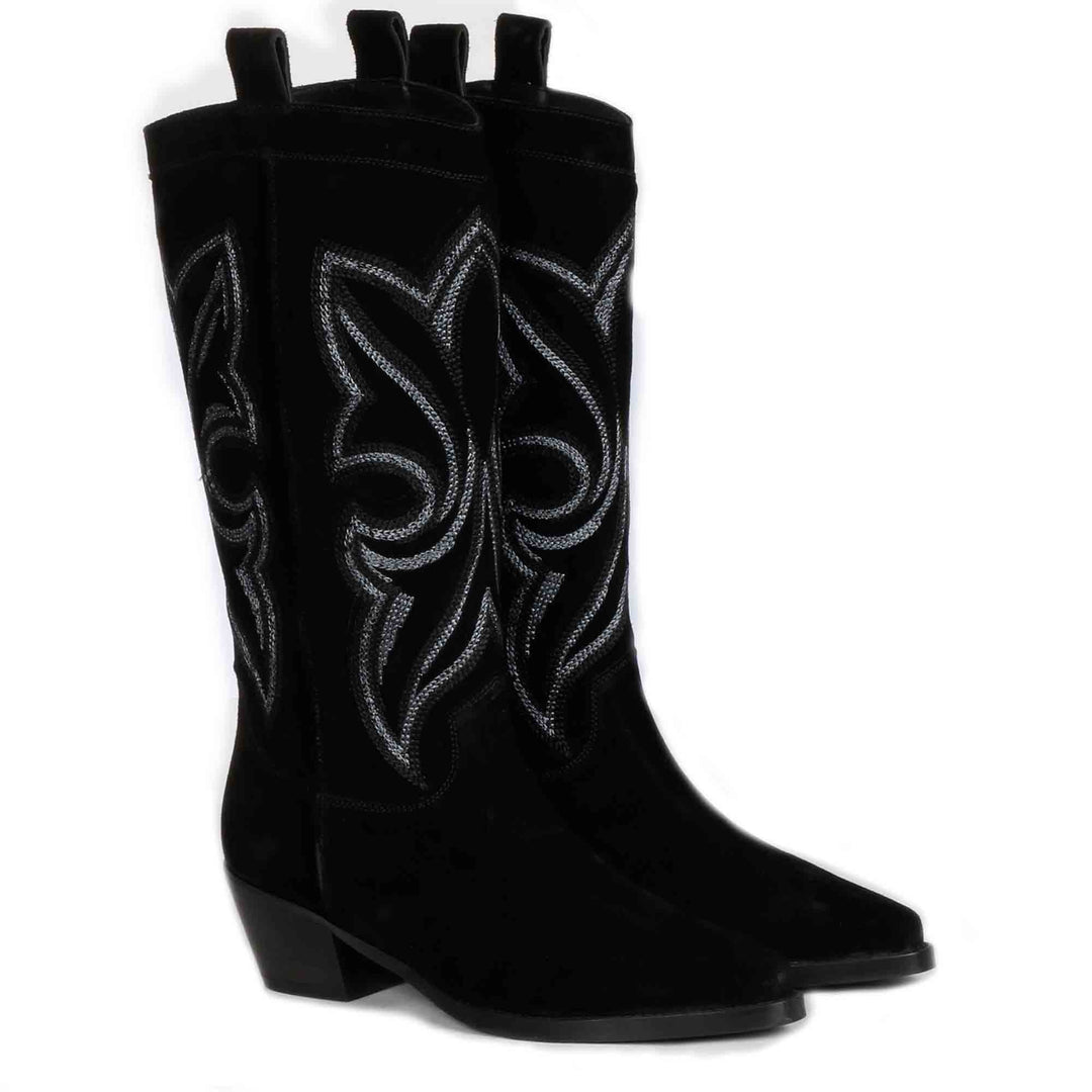 Saint Martina Black Stitched Leather Handcrafted Cowboy Boots