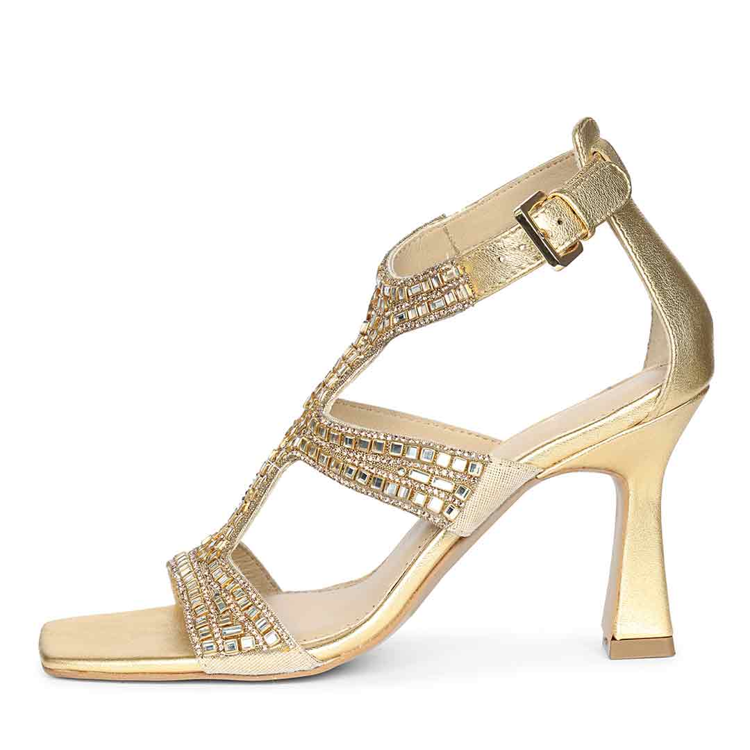 Saint Eloria Crystal Gold Leather Flared Stiletto Heels