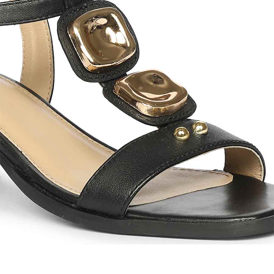 Saint Zoriel Gold Trim Black Leather Block Heels