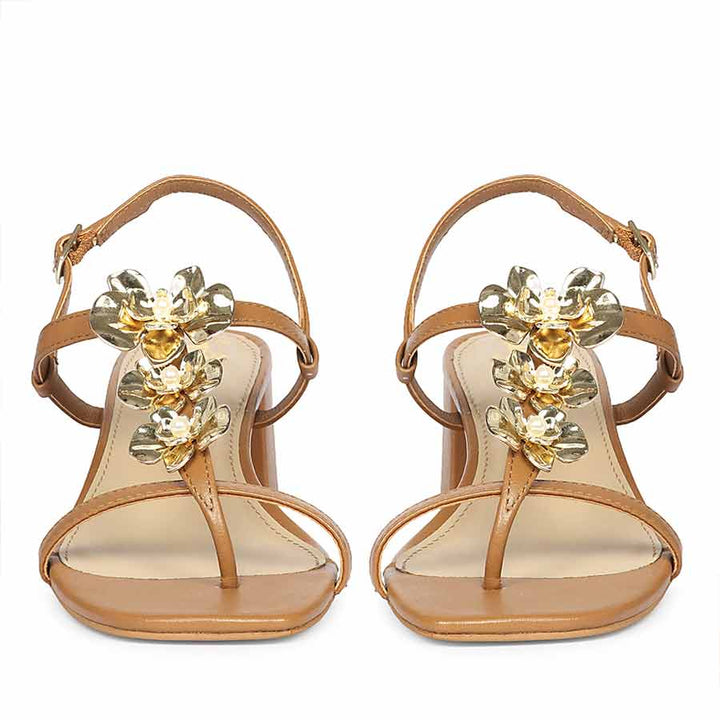 Saint Dorian Gold Flower Tan Leather Block Heels