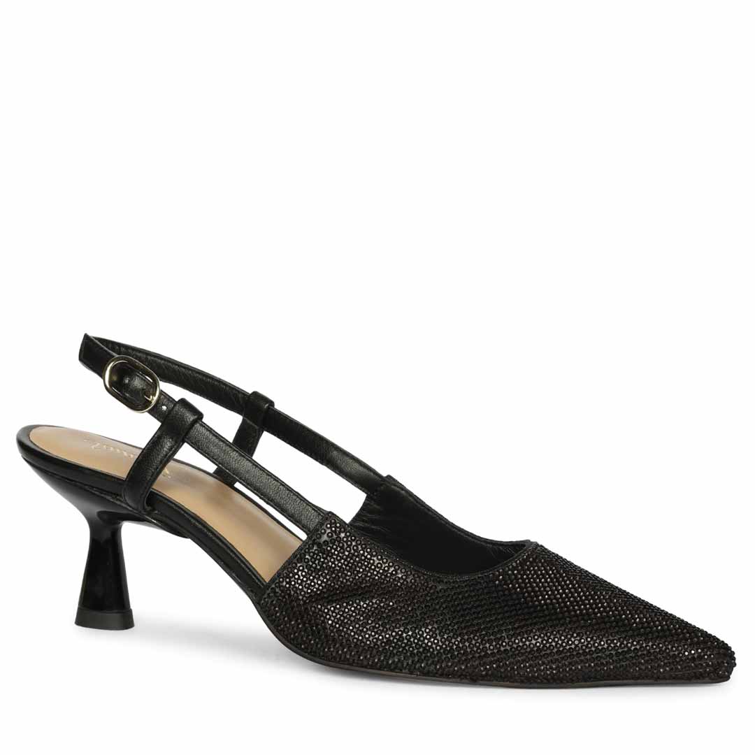 Saint Trinity Crystal Glimmer Slingback Black Leather Heels