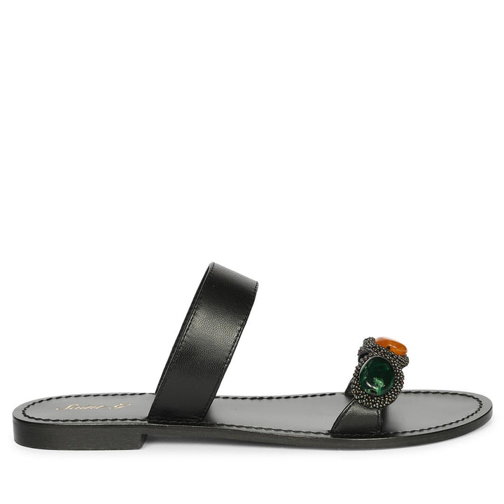 Saint Eva Multi Stone Adorned Black Leather Flats
