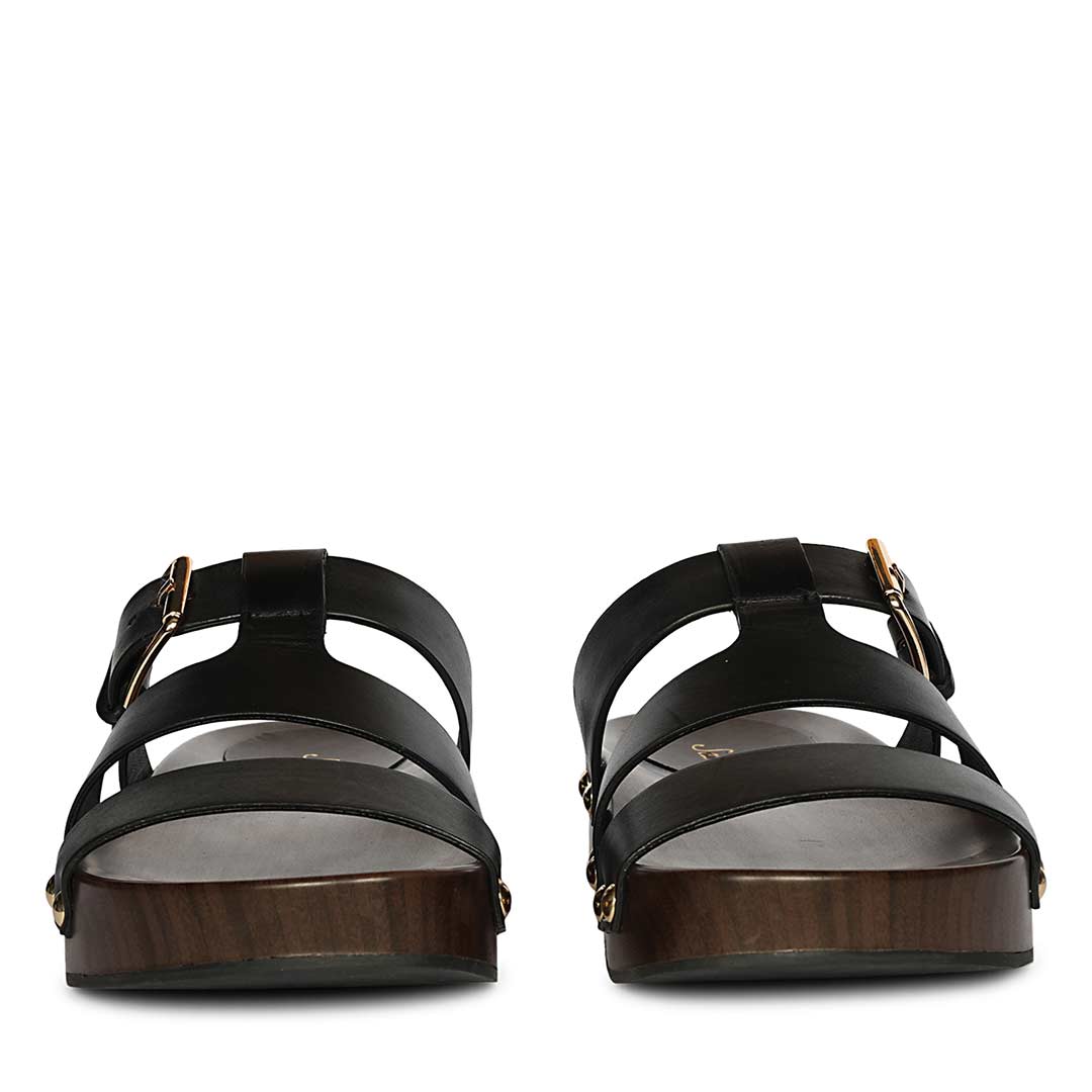 Saint Valene Buckle Black Leather Platform Sandals