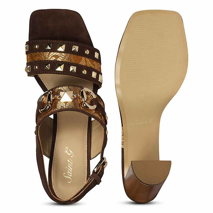 Saint Larisa Embellished Dark Brown Leather High Block Heels