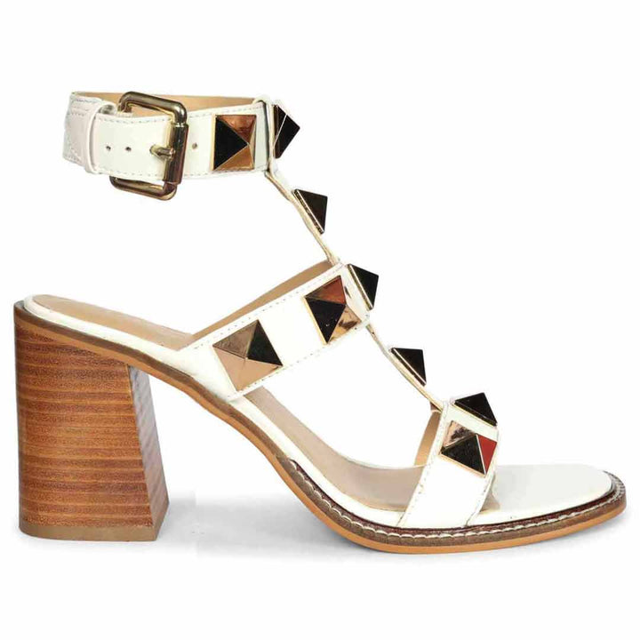 Saint Agnes White Patent Leather Metal Studded Block Heels