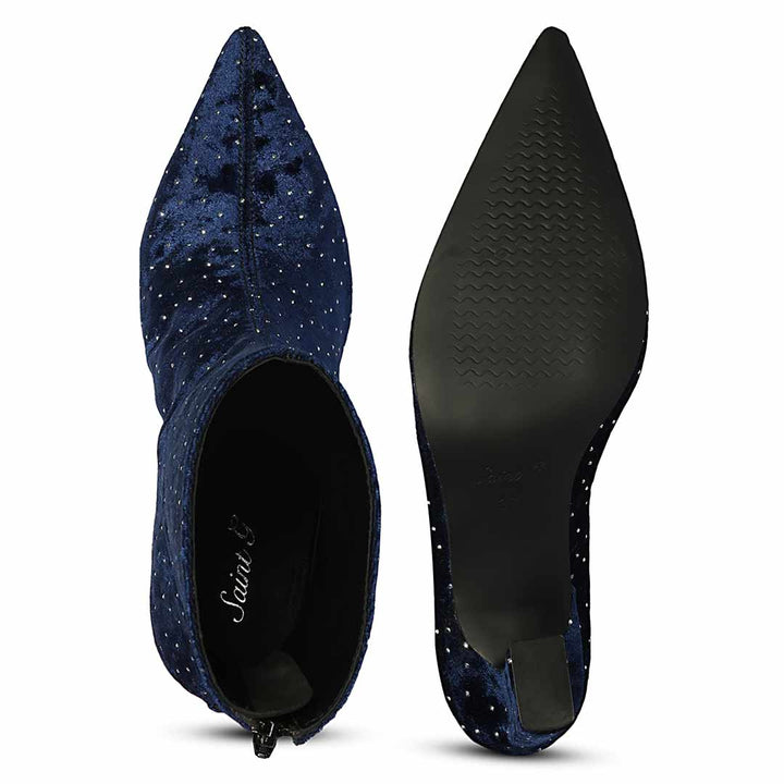 Saint Yara Blue Velvet Strass Ankle Boots