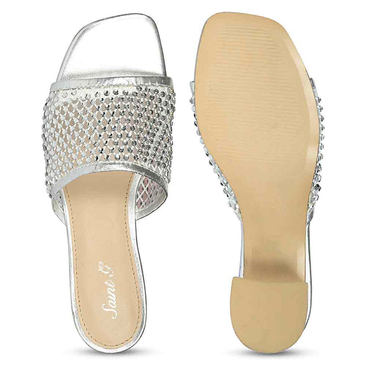 Saint Valisa Crystal Silver Leather Block Heels