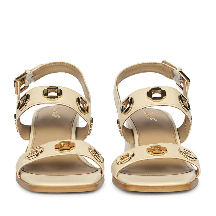 Saint Alviera Gold Flower Eyelets Leather Block Heels