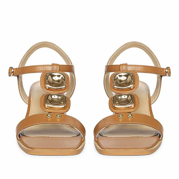 Saint Zoriel Gold Trim Tan Leather Block Heels