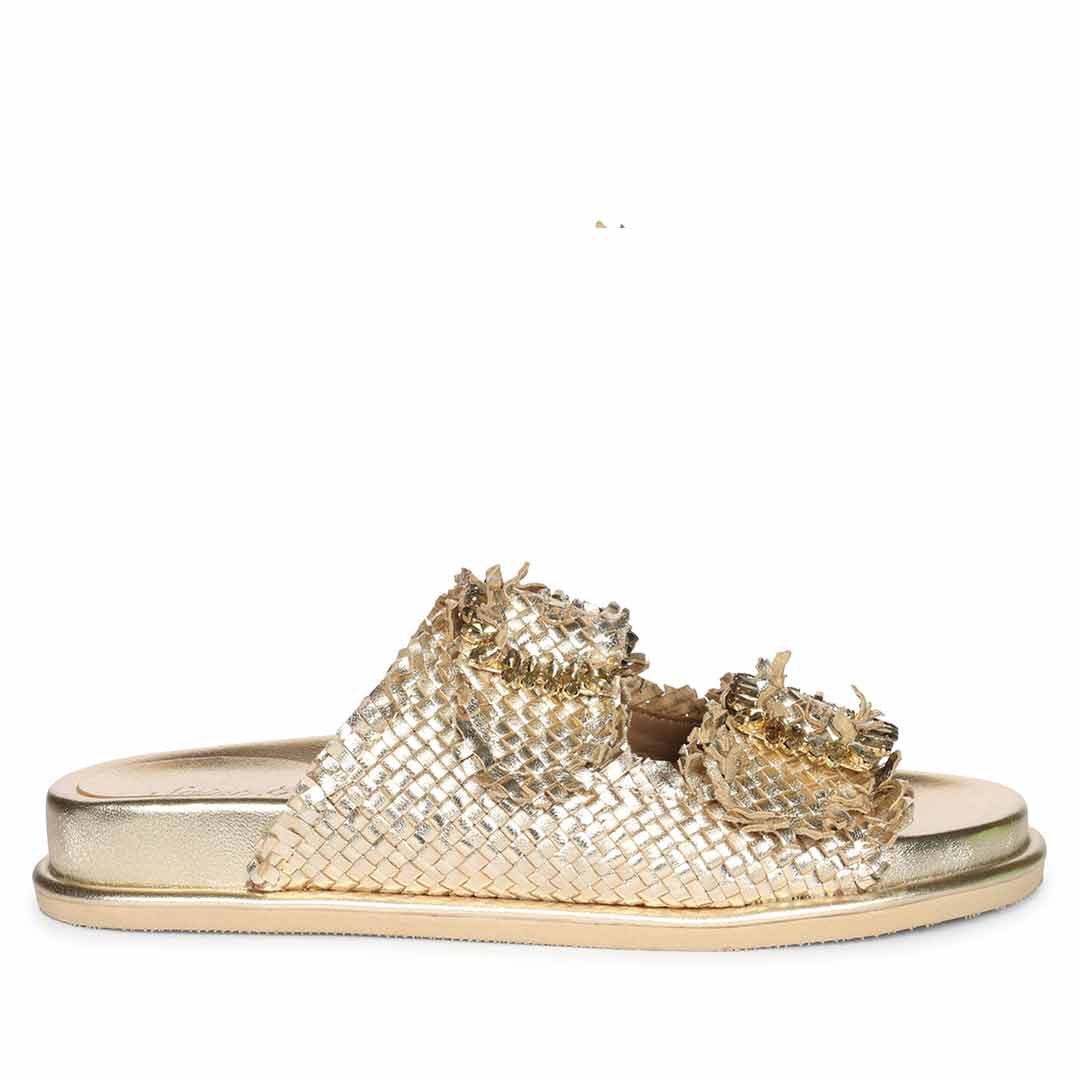 Saint Nuala Crystal Stone Platin Woven Leather Sandals