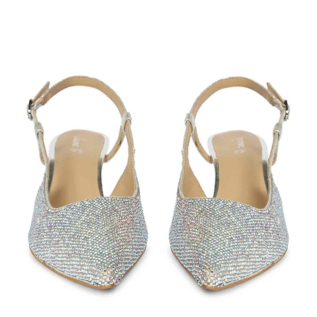 Saint Trinity Crystal Glimmer Slingback Silver Leather Heels