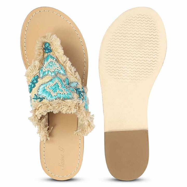 Saint Flora Turquoise Hand-Embroidered Leather Flats